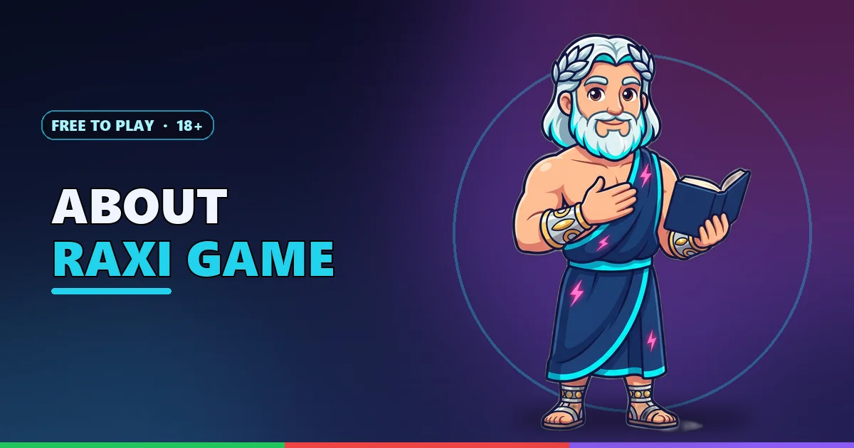 Zeus mascot holding an open book for the About Raxi Game page