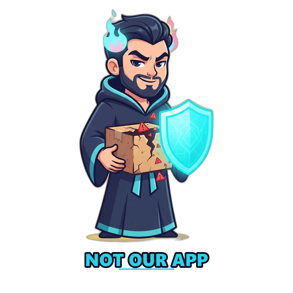 Hades mascot holding a cracked APK box with warning signs, a reminder that fake game APKs are risky