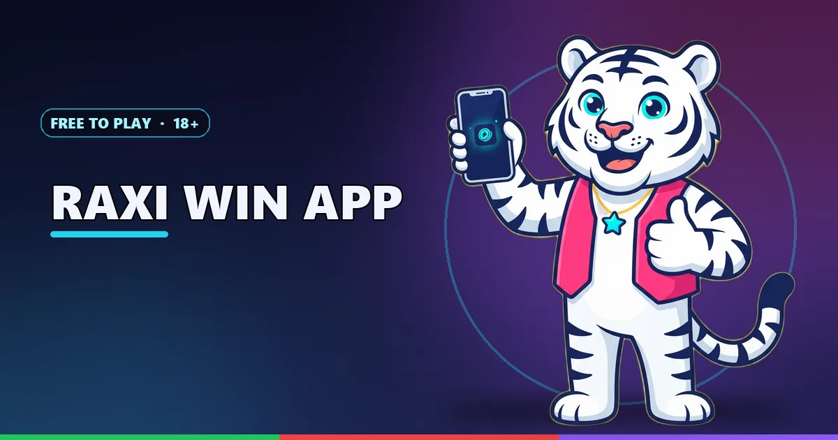 Lucky tiger mascot holding a phone with a glowing app icon for the Raxi Win app guide