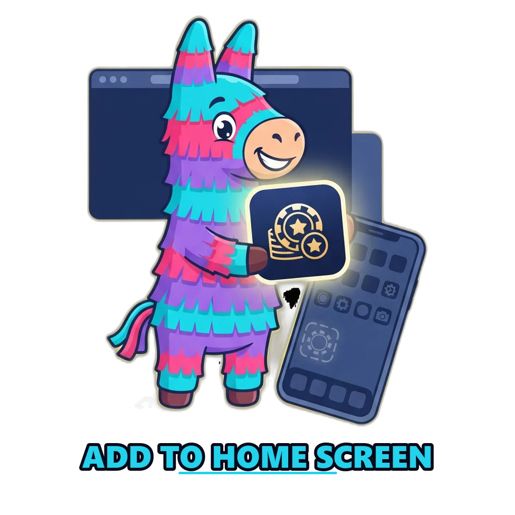 Piñata mascot adding the Raxi Win app icon from the browser to a phone home screen
