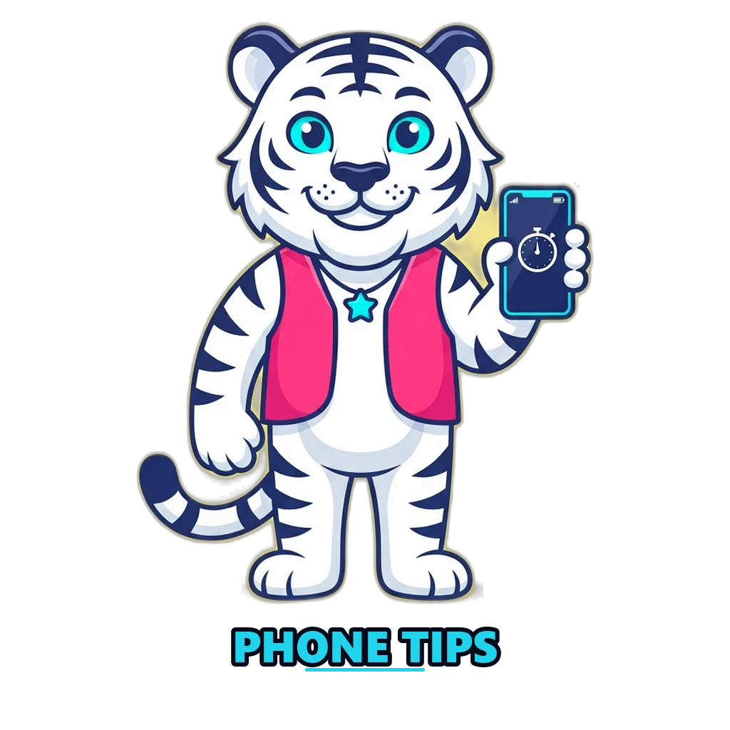 Lucky tiger mascot holding a phone in portrait mode with the round timer on screen
