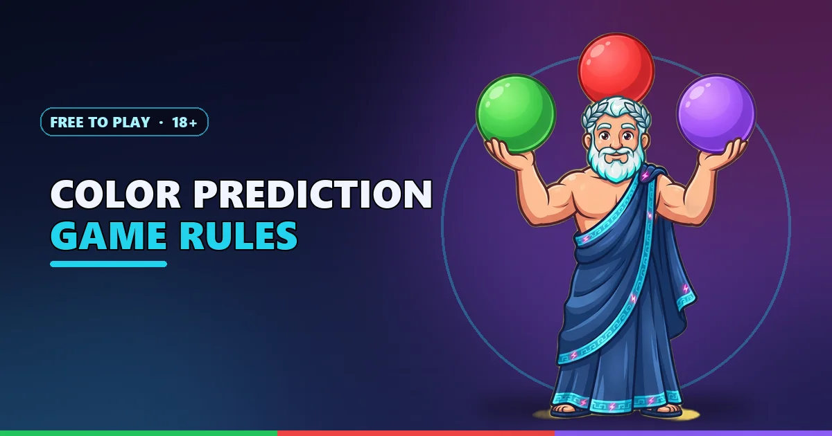 Zeus mascot holding green, red and violet balls for the color prediction game rules