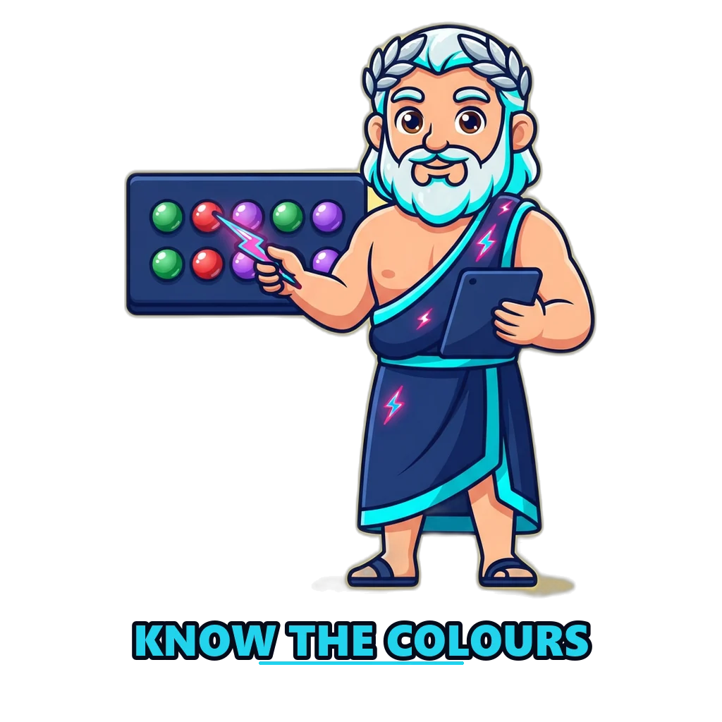 Zeus mascot pointing at the color prediction game number map, with green, red and violet balls from 0 to 9