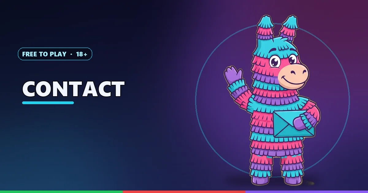 Piñata mascot waving with an envelope for the Contact Raxi Game page