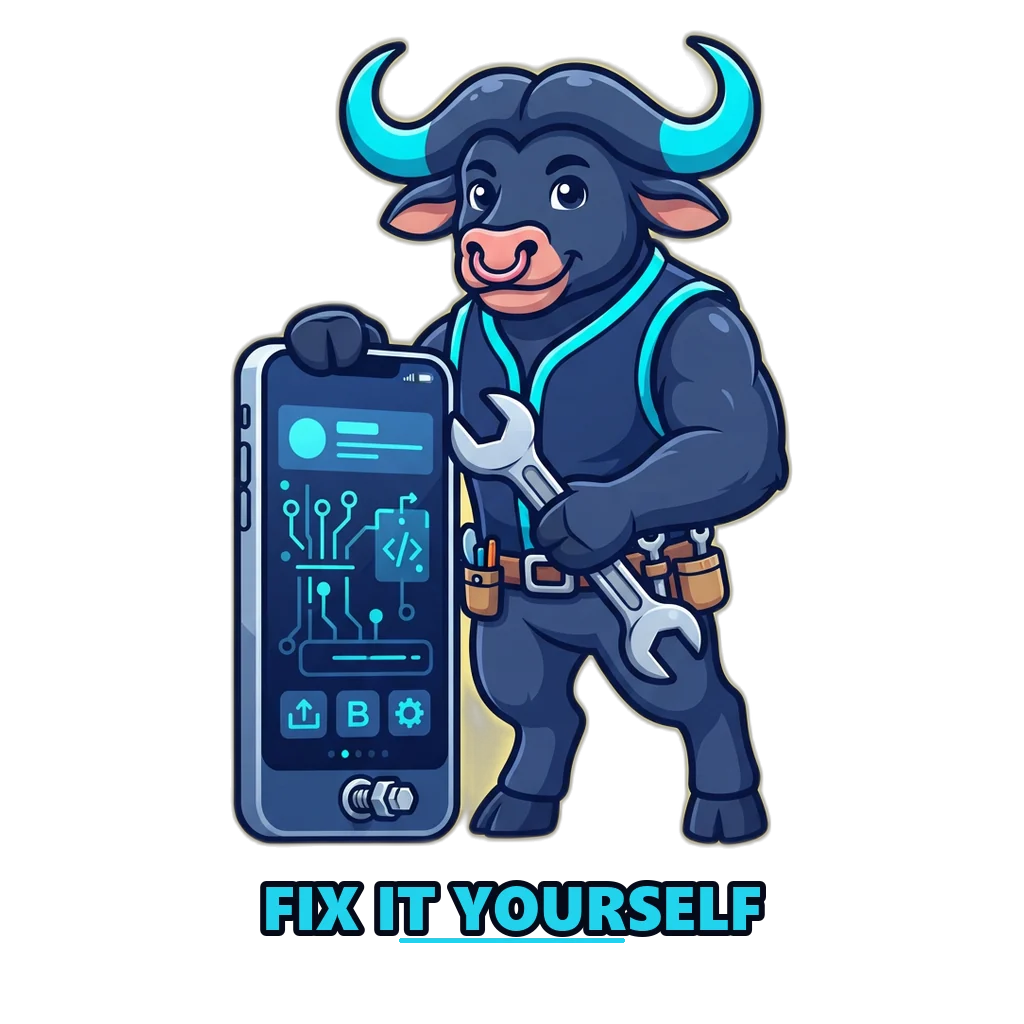 Buffalo mascot fixing a phone screen, because Raxi Win customer care starts with quick self-fixes