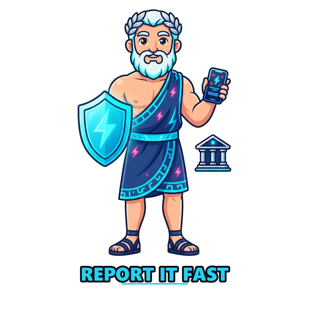 Zeus mascot holding a shield and a phone with a fraud report form, showing how to report a scam quickly