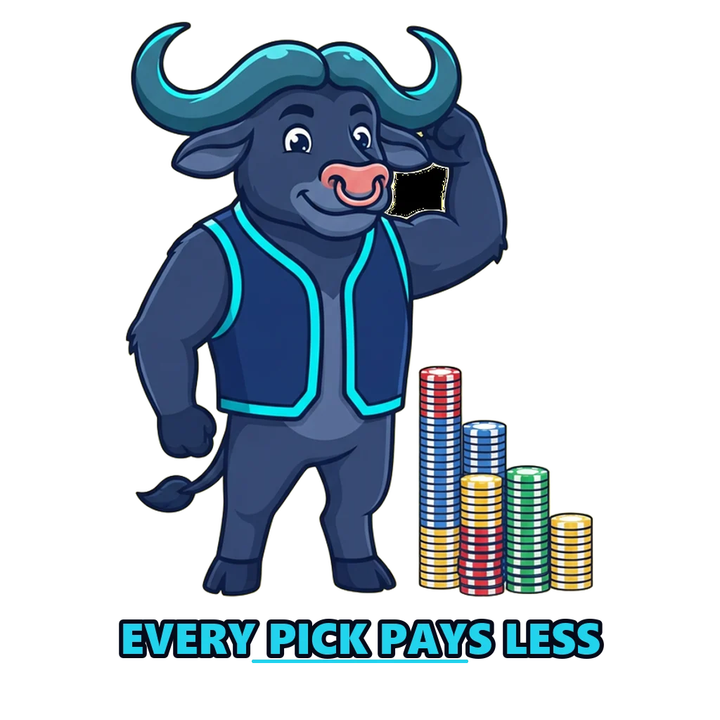 Buffalo mascot next to a falling chart showing that every pick returns less than it costs over time