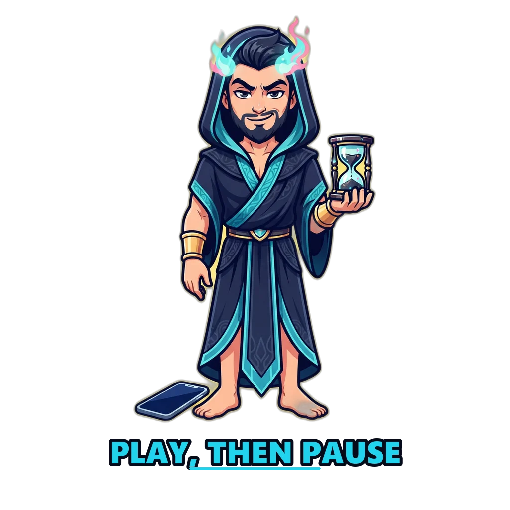 Hades mascot holding an hourglass as a reminder to take breaks from the free demo