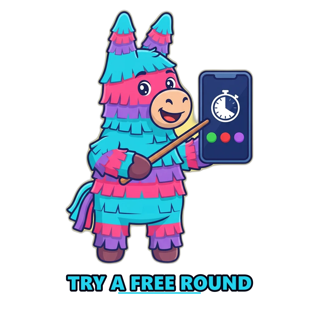 Piñata mascot pointing at the timer and colour buttons of the color prediction game demo on a phone