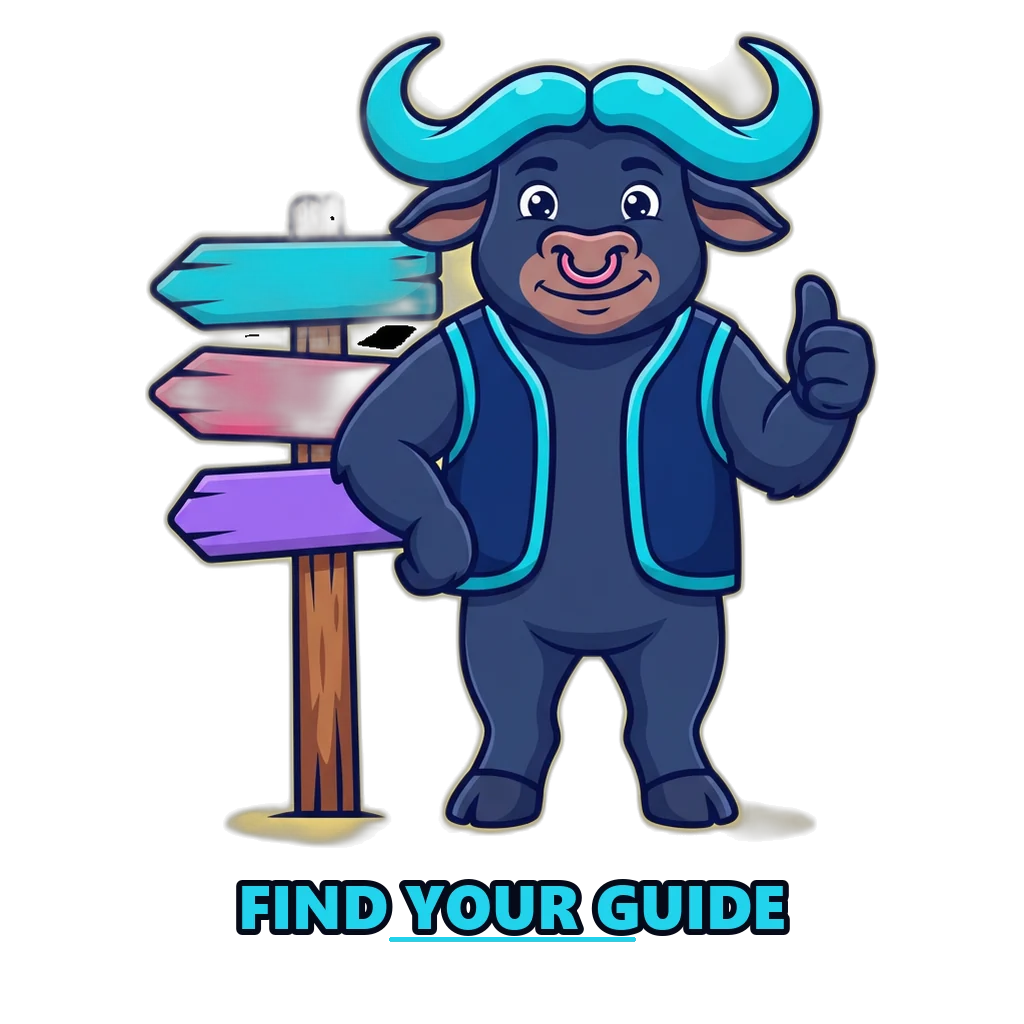 Buffalo mascot beside a signpost pointing to help, safety and rules guides