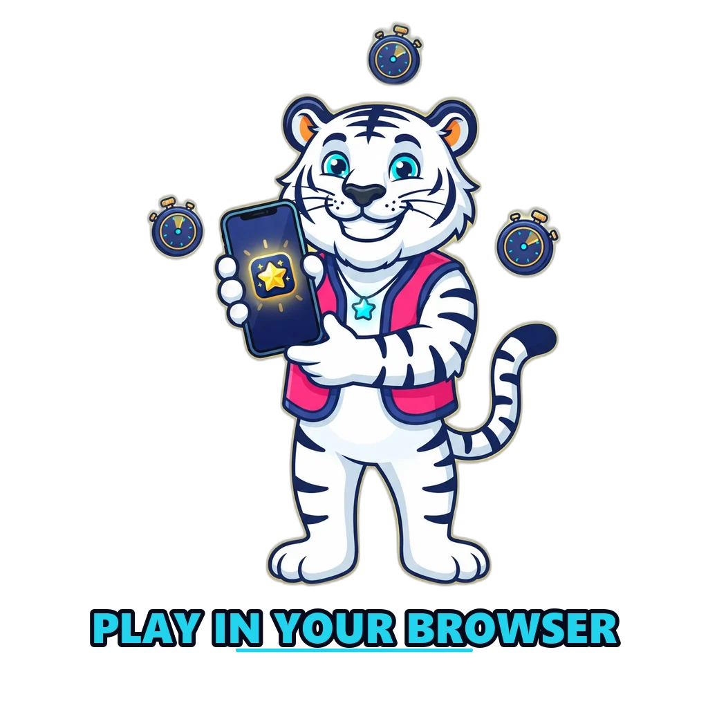 Lucky tiger mascot holding a phone with the Raxi Game web app and round timers
