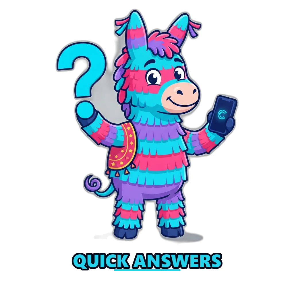 Piñata mascot holding a question mark beside the Raxi Win FAQ on a phone