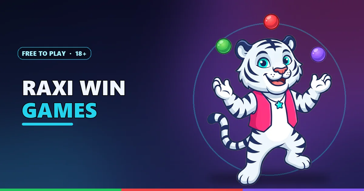 Lucky tiger mascot juggling green, red and violet balls for the Raxi Win games guide
