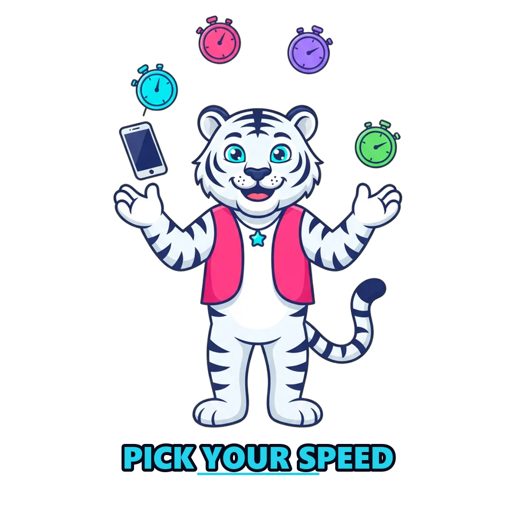 Lucky tiger mascot juggling four timers for the 30-second, 1, 3 and 5-minute Raxi Win games