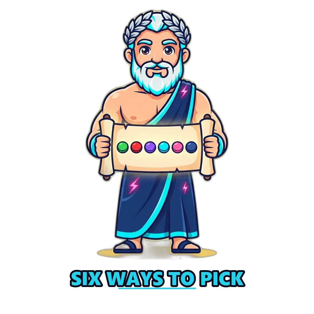 Zeus mascot holding a scroll with the six pick types: green, red, violet, number, Big and Small