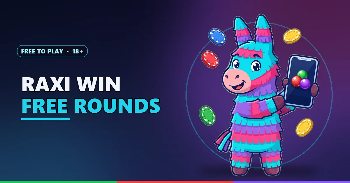 Piñata mascot holding a phone with green, red and violet balls on the Raxi Win banner