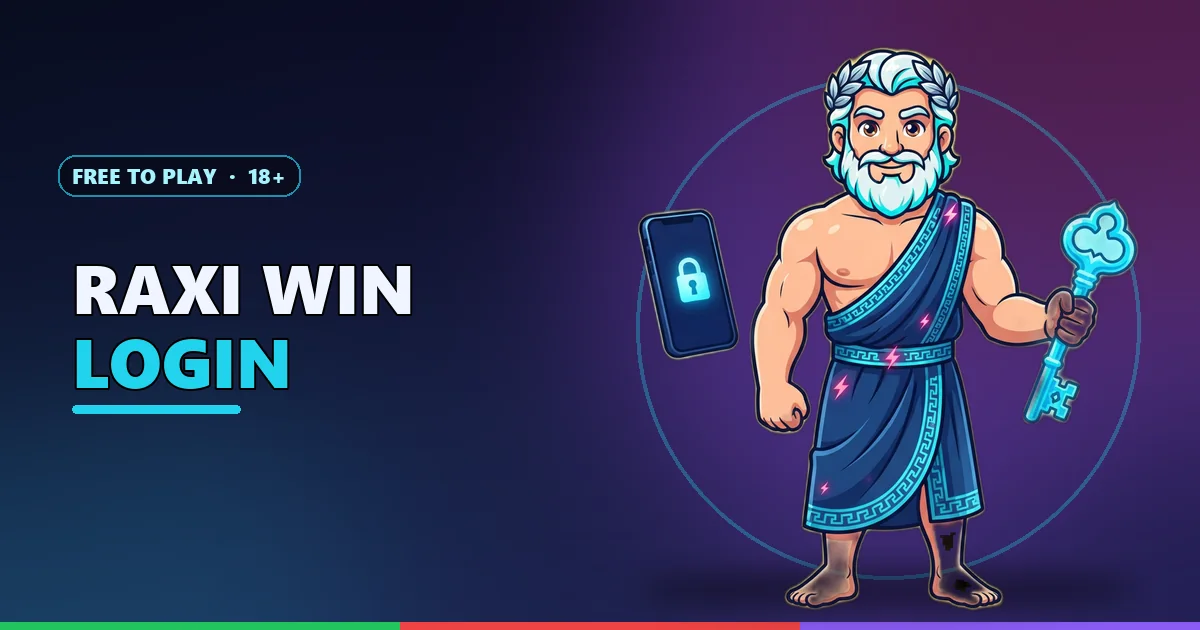 Zeus mascot with a glowing key and a locked phone for the Raxi Win login guide