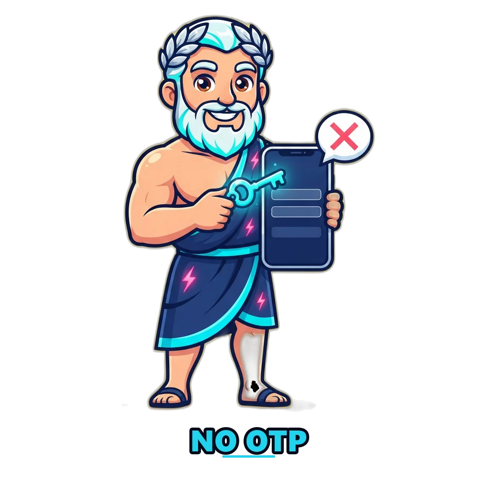 Zeus mascot holding a key over a phone with the two-field Raxi Win login form and no OTP step