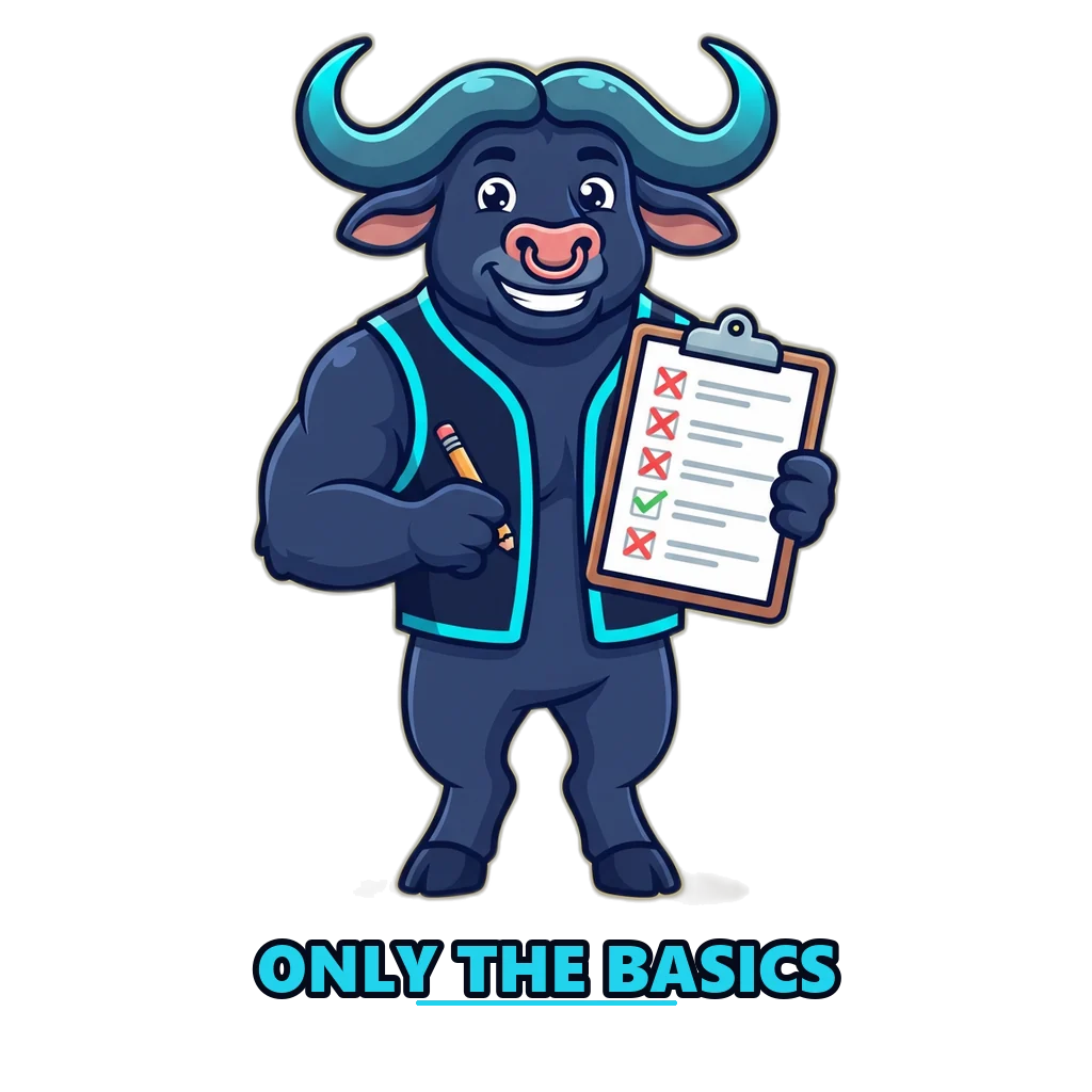 Buffalo mascot crossing out phone, OTP, UPI and ID fields on a Raxi Win register checklist