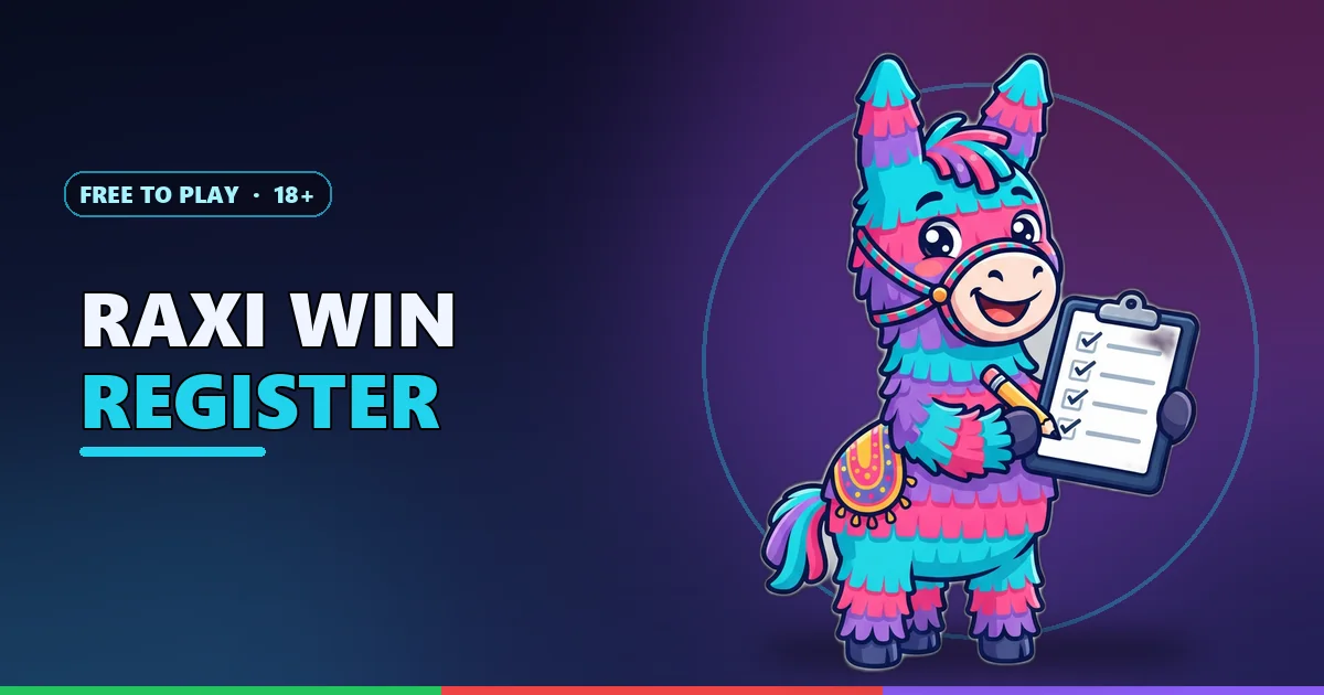 Piñata mascot with a ticked sign-up checklist for the Raxi Win register guide
