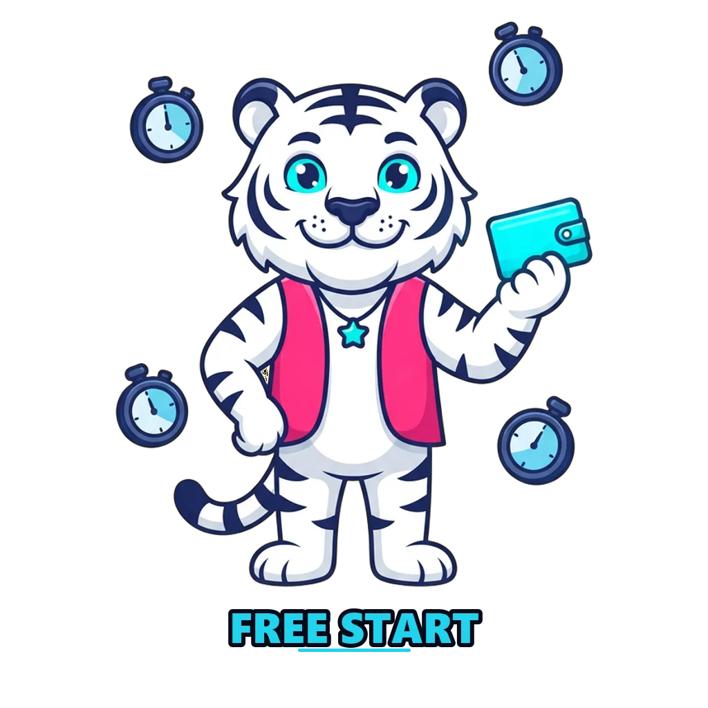 Lucky tiger mascot showing the 10,000 free starting points and four round timers after sign-up