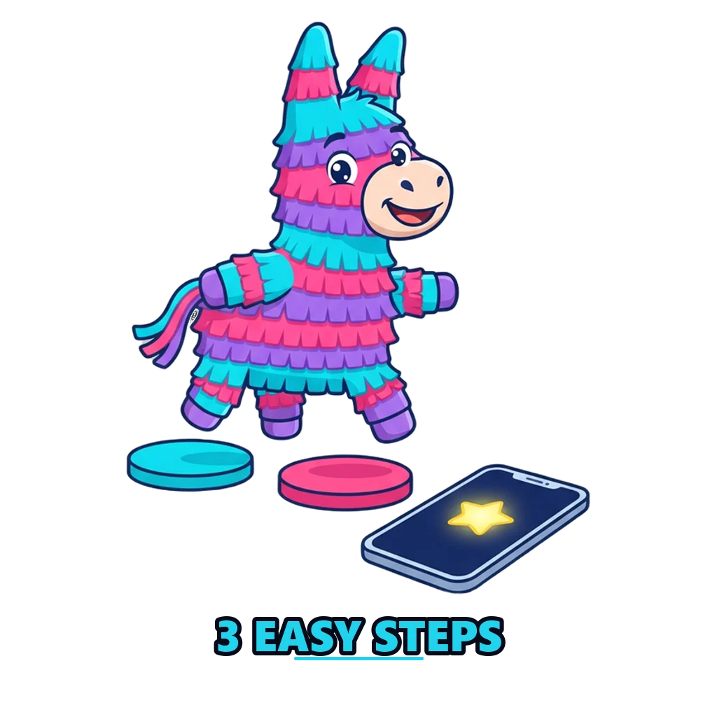 Piñata mascot hopping across the three Raxi Win register steps towards a phone welcome screen