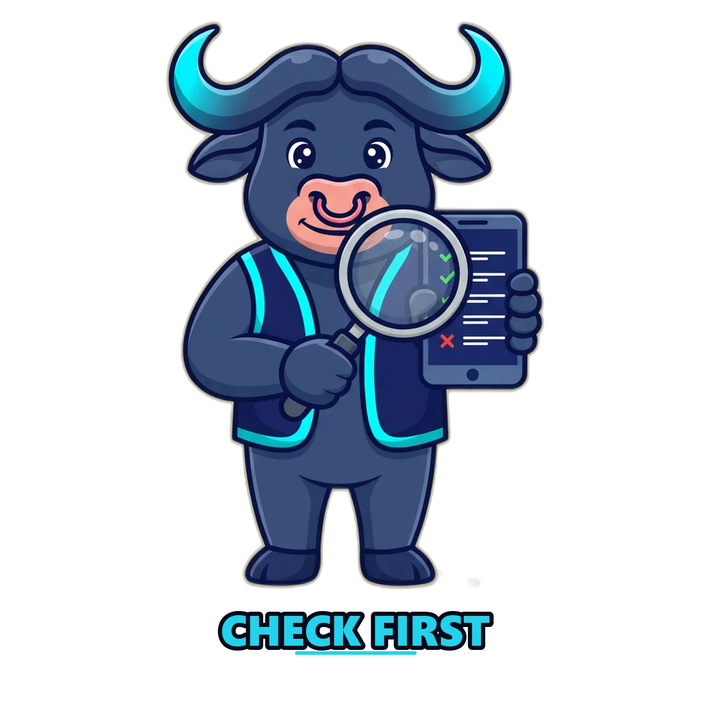 Buffalo mascot doing a Raxi Win safety check on a phone with a magnifying glass