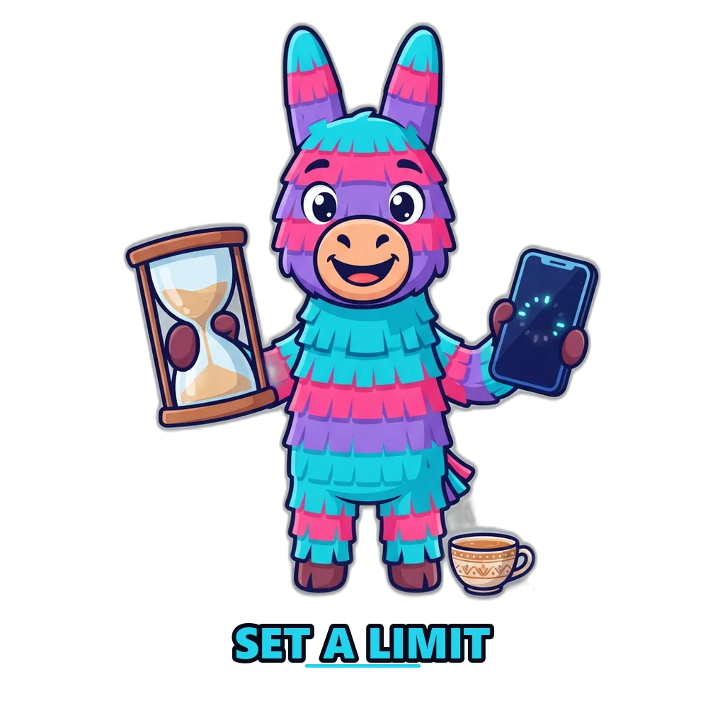 Piñata mascot holding an hourglass and a phone timer as a reminder to set a time limit