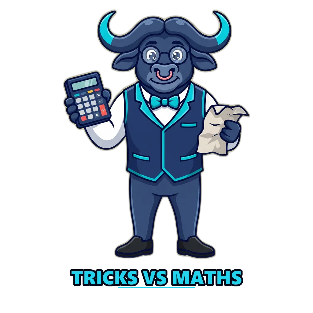 Buffalo mascot with a calculator checking color prediction game tricks against the maths