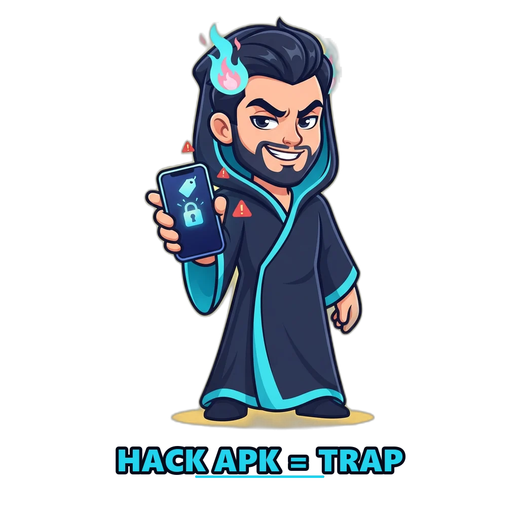 Hades mascot offering a phone with a fake predictor app that asks for an unlock fee