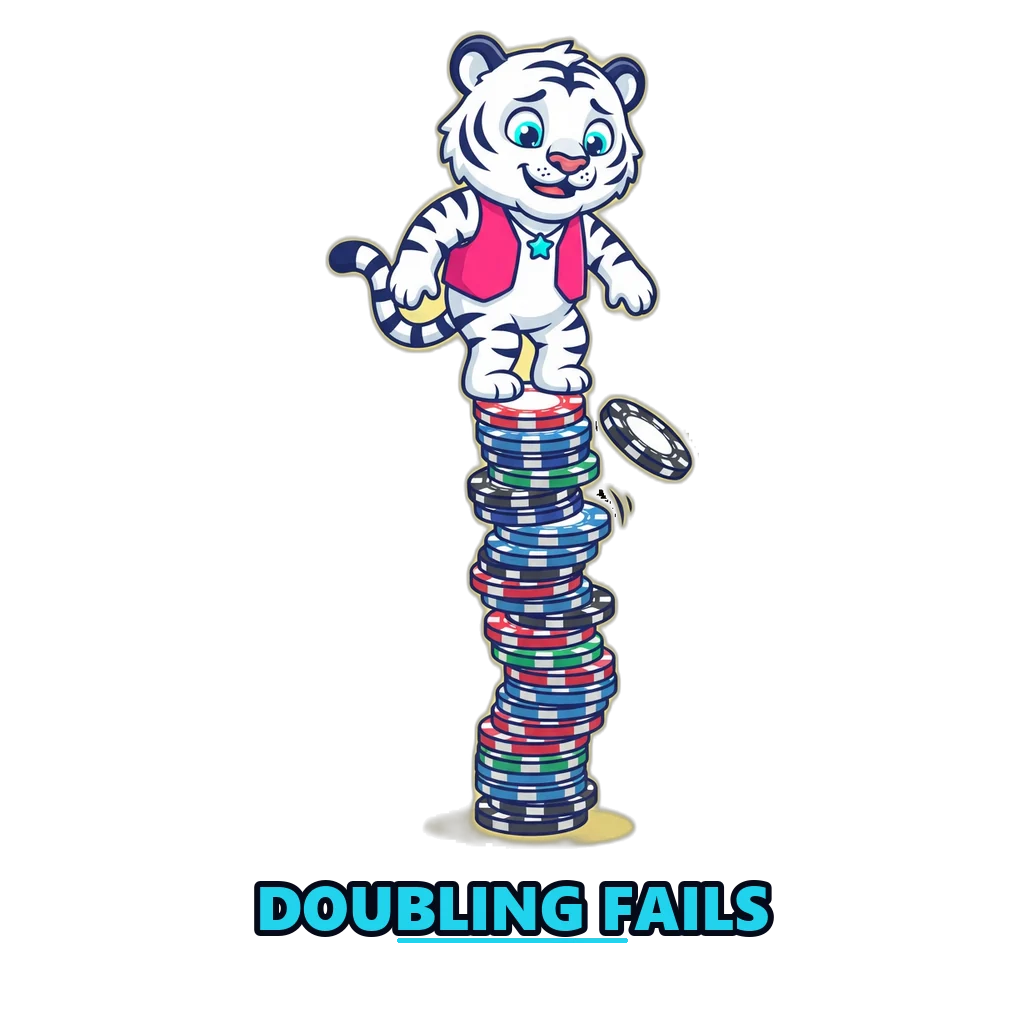 Lucky tiger mascot on a leaning tower of chips showing how a doubling strategy runs out of points