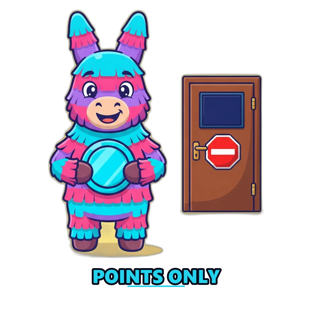 Piñata mascot holding a points coin beside a closed bank door, showing free points cannot be withdrawn