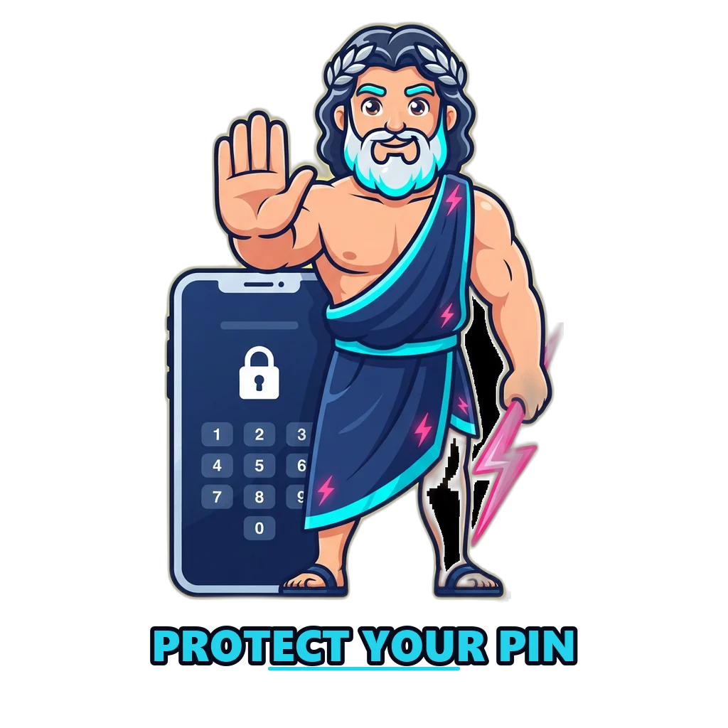 Zeus mascot guarding a phone keypad as a reminder that your UPI PIN is only for paying